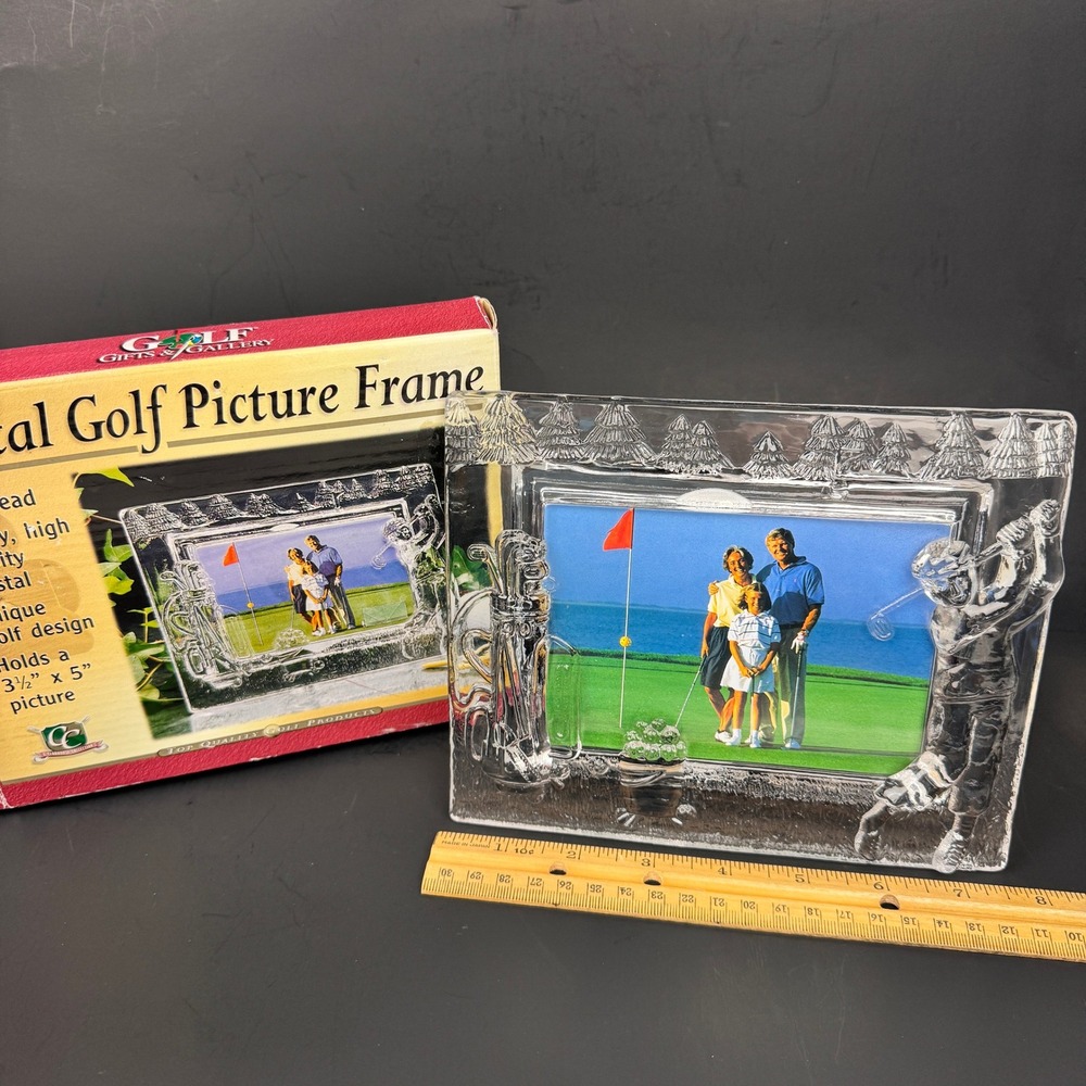Vtg Lead Crystal Golf Picture Frame Clear Glass Tabletop Horizontal 3D‎ Orig Box